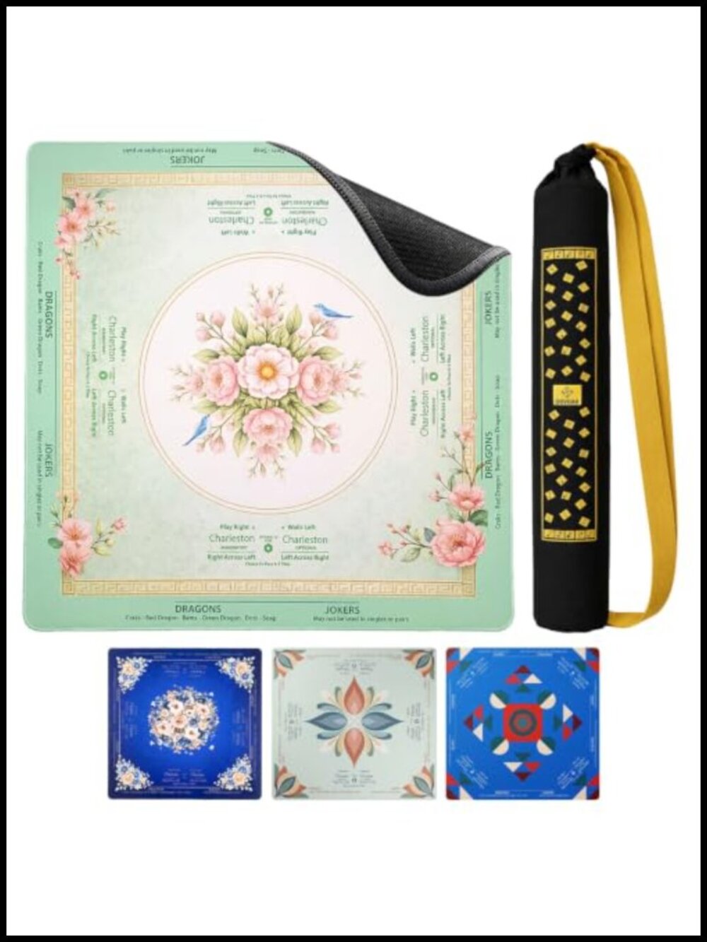 Mahjong Mat with Rules 32.4 in Double Straps Canvas Carry Bag Non-Slip Heavy